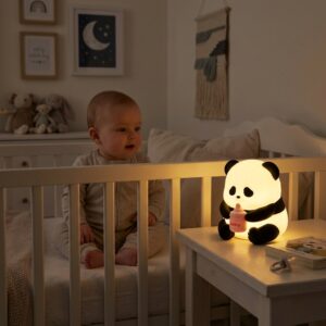 Veilleuse panda en silicone souple avec un biberon rose tenue dans les mains - Rituel Dodo.