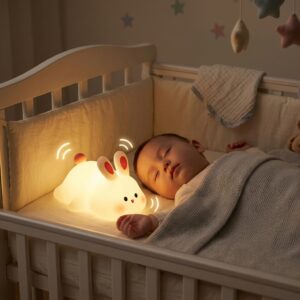 Veilleuse lapin allongé blanc et orange en silicone souple Lapinou-Cocon allumée - Rituel Dodo