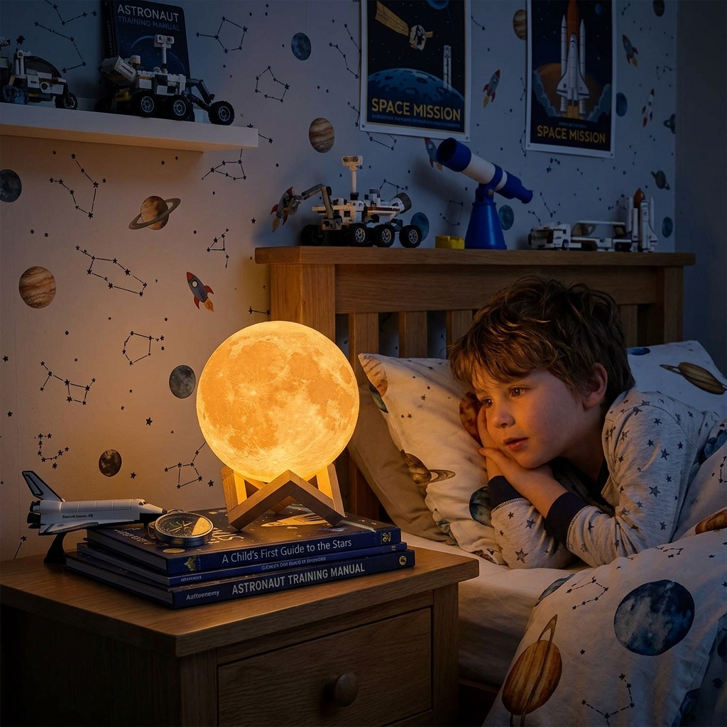 Séléné - La Veilleuse Lune 3D Enchantée sur Socle de Bois