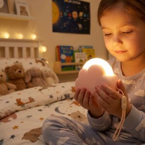 Mini veilleuse nuage rose avec dragonne allumée - Rituel Dodo