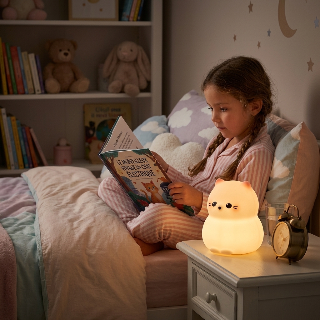 Veilleuse chaton blanc en silicone souple Miaou-Câlin lumineuse dans une ambiance magique - Rituel Dodo.
