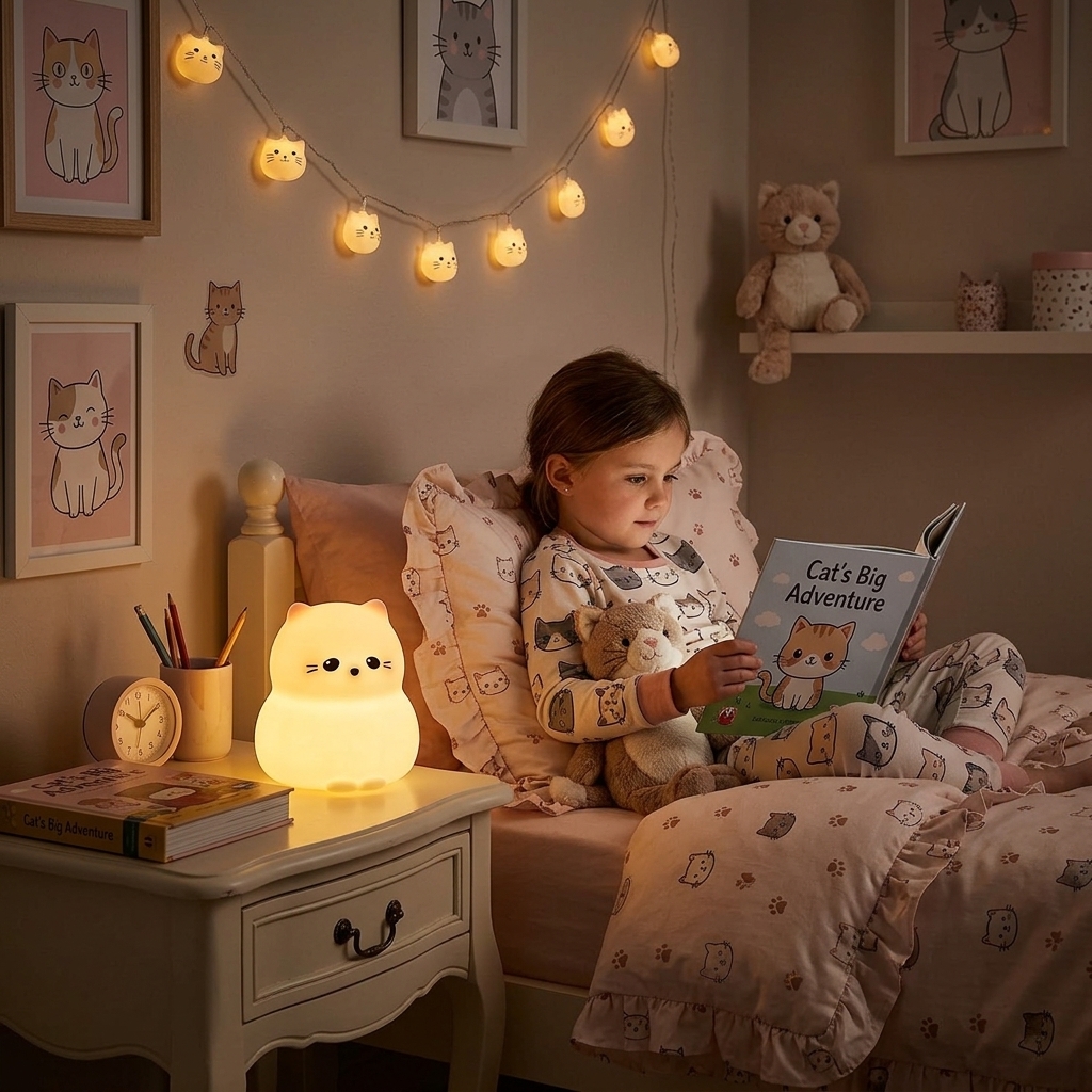 Veilleuse chaton blanc en silicone souple Miaou-Câlin lumineuse dans une ambiance magique - Rituel Dodo.