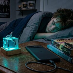 Veilleuse cube résine 3D baleine bleue et plongeur sur socle bois lumineux - Rituel Dodo.