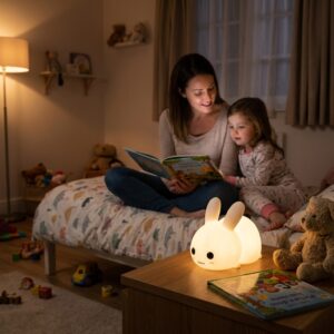Veilleuse lapin allongé en silicone blanc Lapinou-Mallow allumée lumière chaude - Rituel Dodo.