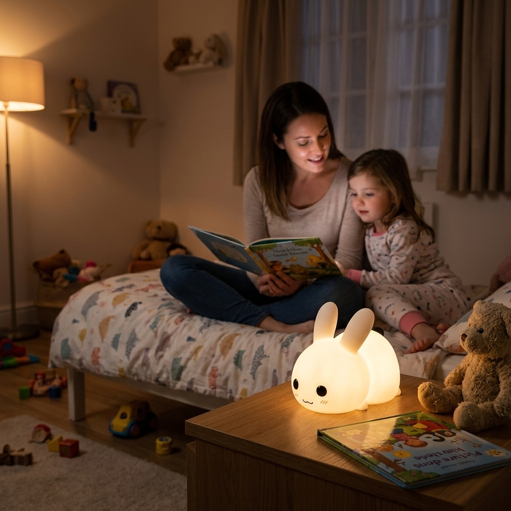 Veilleuse lapin allongé en silicone blanc Lapinou-Mallow allumée lumière chaude - Rituel Dodo.