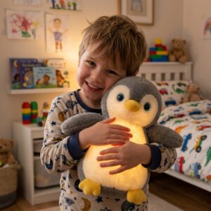 Peluche veilleuse pingouin gris et blanc Pingo-Câlin lumineuse - Rituel Dodo.
