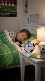Réveil enfant en forme de ballon de foot noir et blanc silencieux - Rituel Dodo.