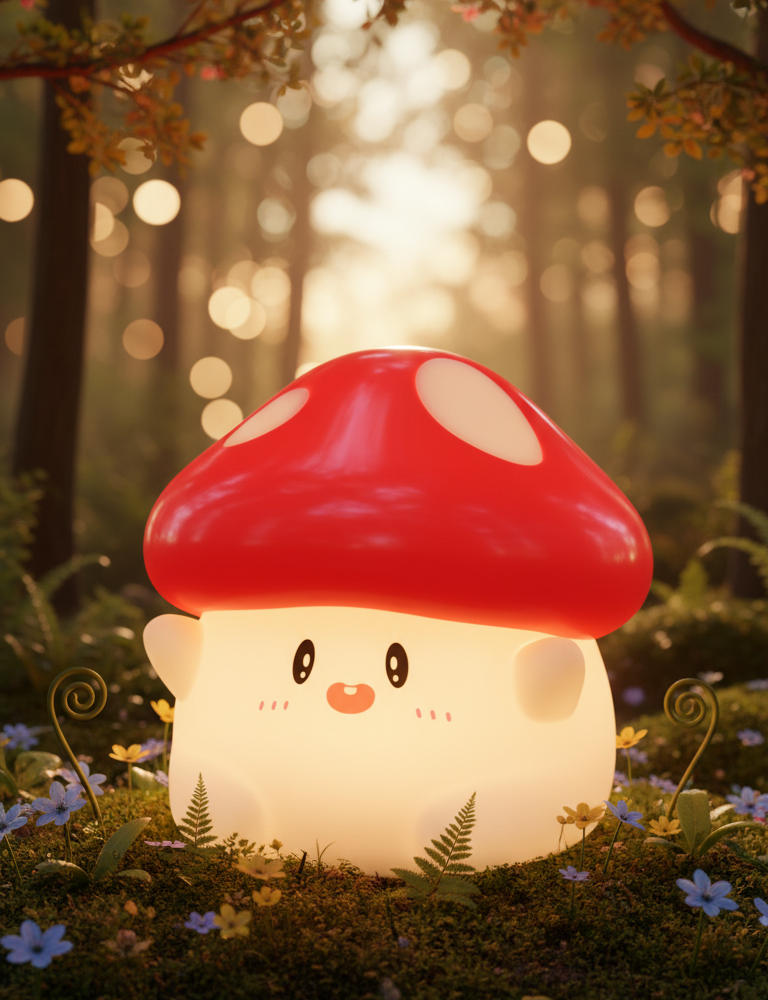 Veilleuse champignon magique dans une forêt enchantée avec mousse et fleurs - Rituel du Dodo