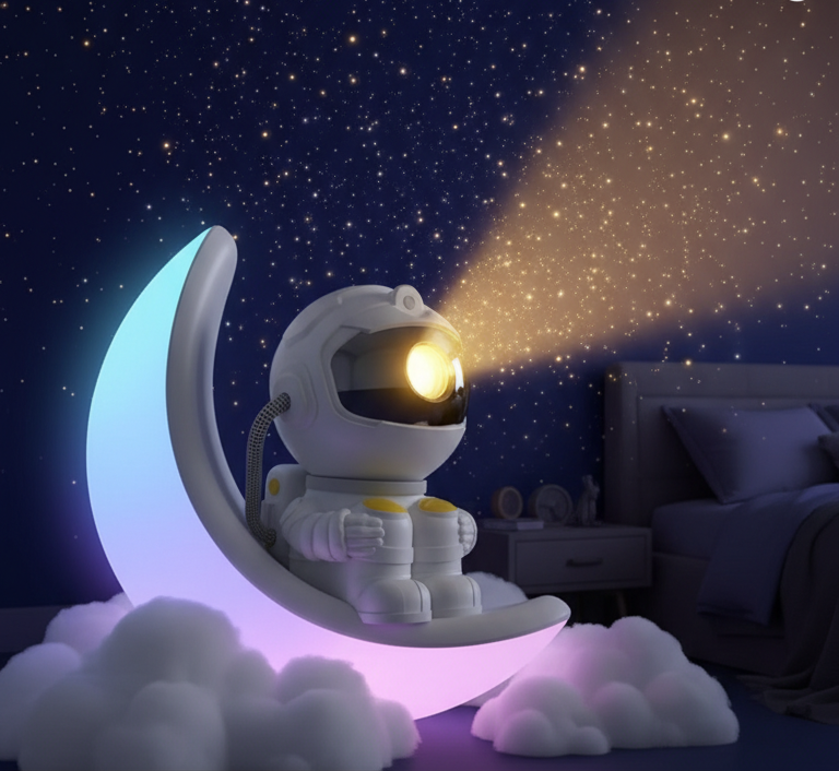 Veilleuse projecteur astronaute sur lune lumineuse ambiance galaxie et nuages - Rituel du Dodo