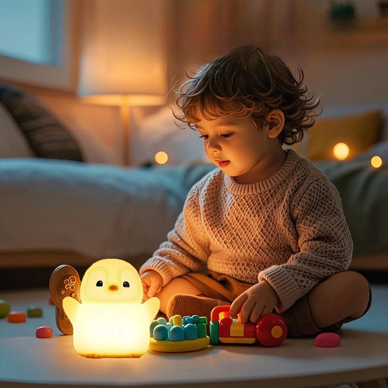 Veilleuse pingouin blanc et jaune en silicone souple Pingo-Doux lumineuse sur un lit - Rituel Dodo.