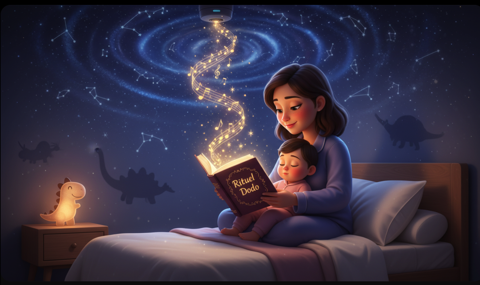 Illustration Rituel du Dodo maman lisant une histoire avec veilleuse et projecteur - Elya Roberts