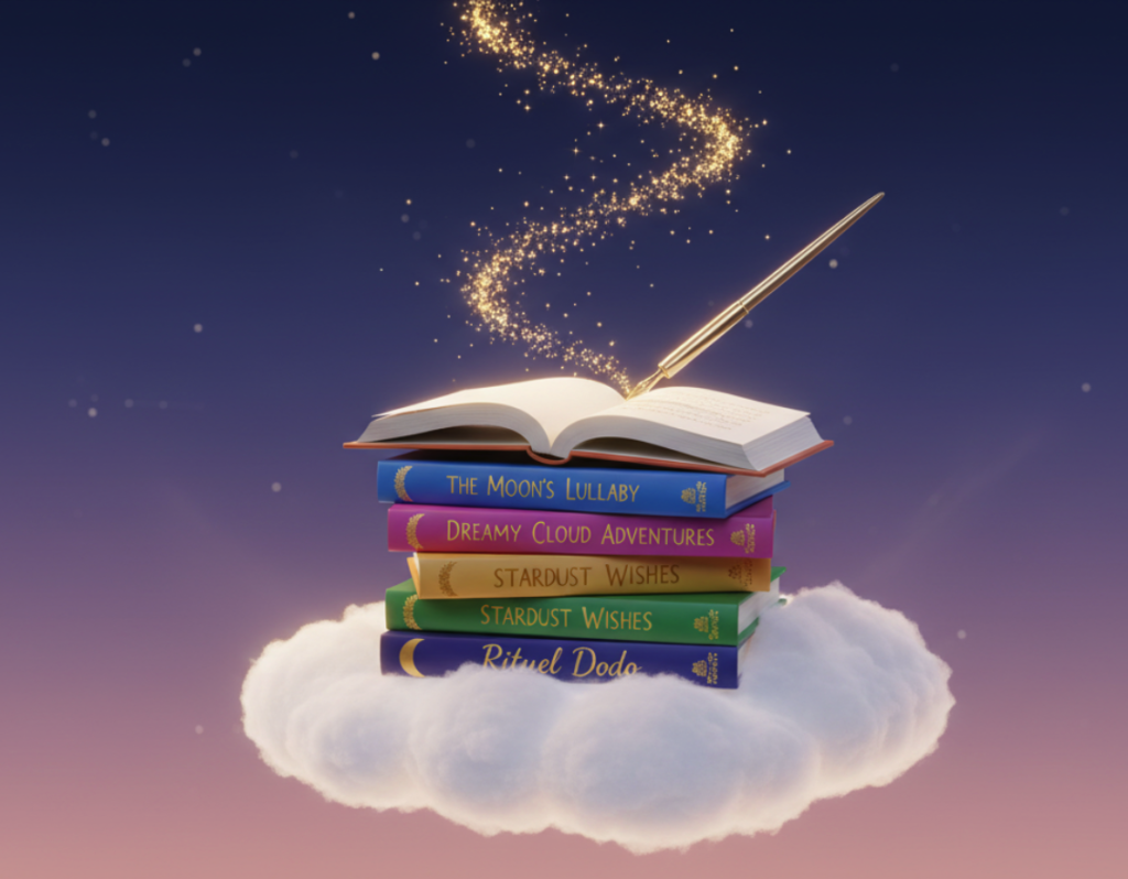 Pile de livres magiques Rituel du Dodo avec plume dorée et étincelles sur nuage - Elya Roberts