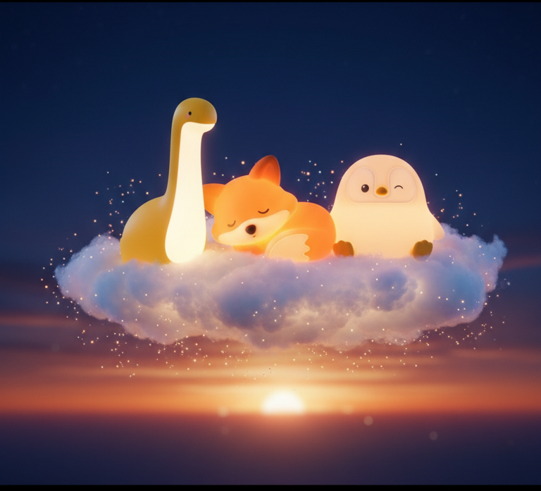 Collection veilleuses animaux Rituel Dodo - dinosaure jaune, renard orange et pingouin sur un nuage magique.