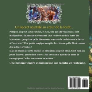 Jaquette arriere du livre pour enfants Pompon et le secret de la grotte mysterieuse avec un lapin et un écureuil sur fond vert.