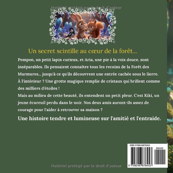 Jaquette arriere du livre pour enfants Pompon et le secret de la grotte mysterieuse avec un lapin et un écureuil sur fond vert.