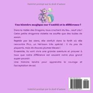 Jaquette arriere du livre pour enfants Des Bulles et des Plumes avec une petite dragonne violette et un herisson sur fond violet.
