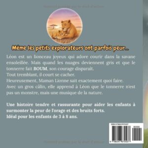 Jaquette arriere du livre Leon et le tonnerre avec un lionceau et sa maman dans la savane.