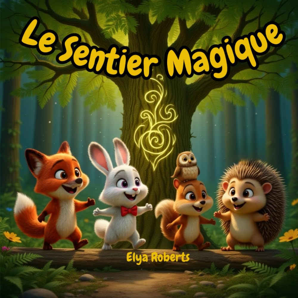 Couverture du livre pour enfants Le Sentier Magique par Elya Roberts avec Tico le renard et les animaux de la forêt.
