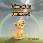 Couverture du livre Léon et le tonnerre par l'auteur Elya Roberts montrant un lionceau et un arc-en-ciel