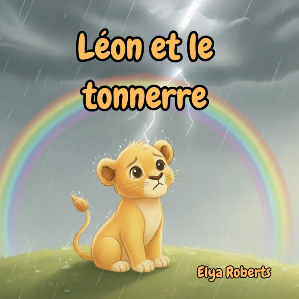 Couverture du livre Léon et le tonnerre par l'auteur Elya Roberts montrant un lionceau et un arc-en-ciel