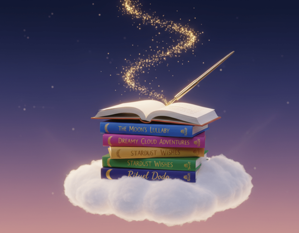 Collection de livres magiques pour enfants Rituel Dodo par l'auteur Elya Roberts sur un nuage scintillant.