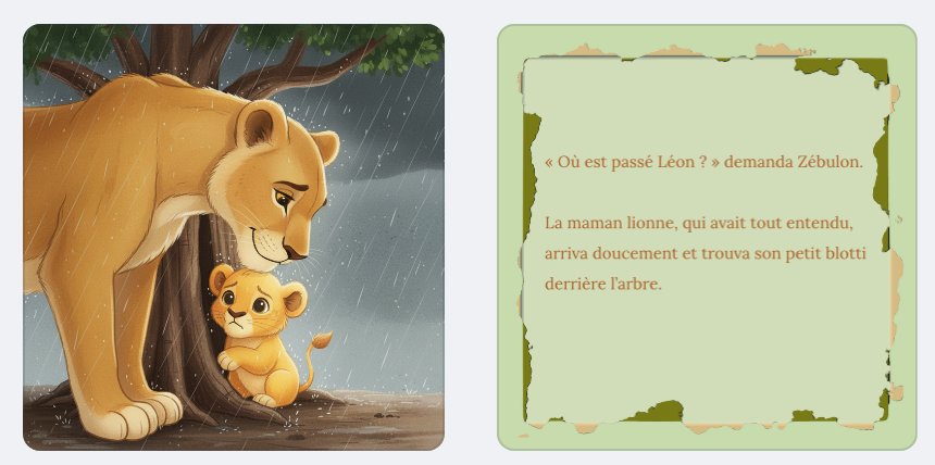 Extrait illustré du livre Léon et le tonnerre : maman lionne câlinant son lionceau sous la pluie.