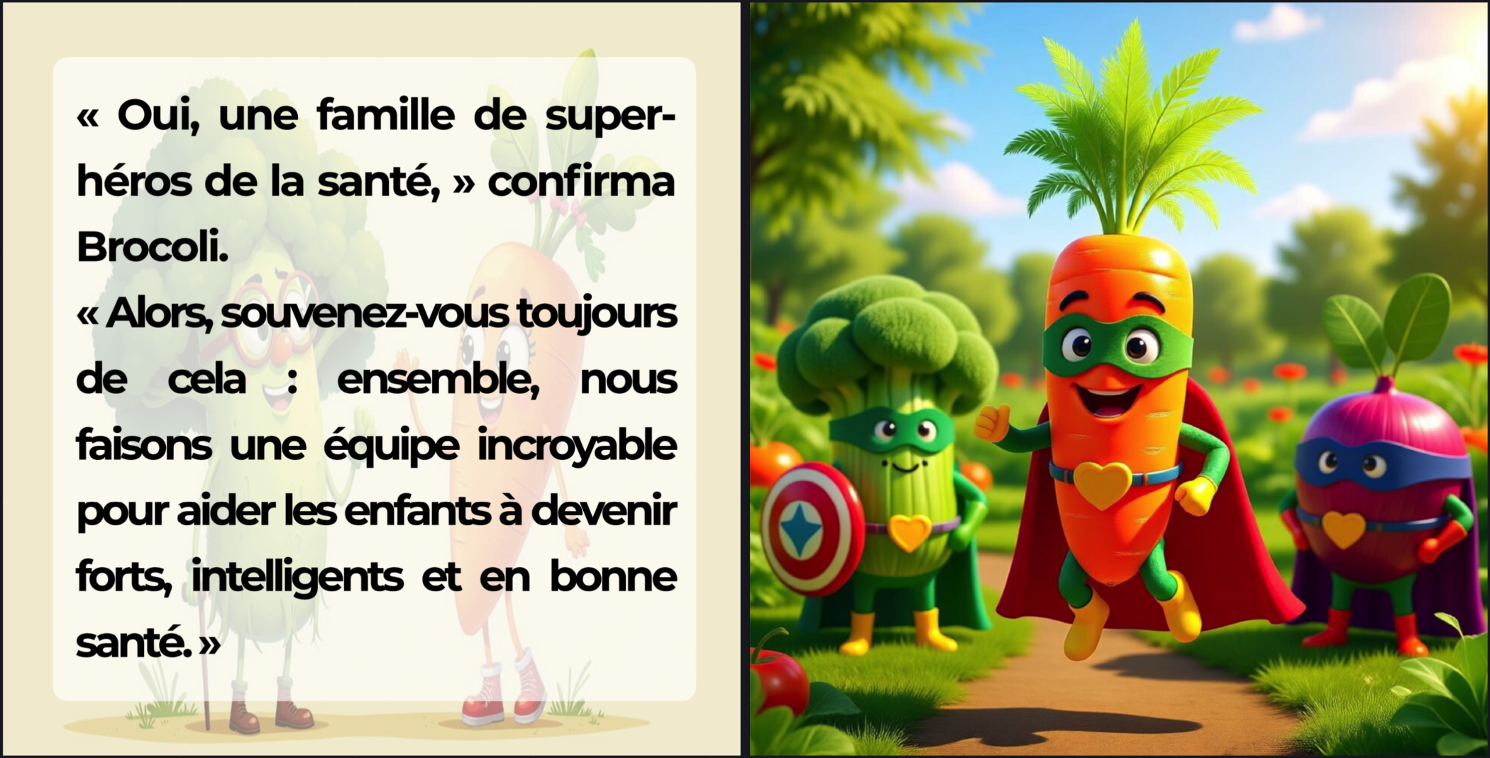 Extrait du livre Les Super-Héros du Jardin montrant la carotte et le brocoli expliquant la santé.