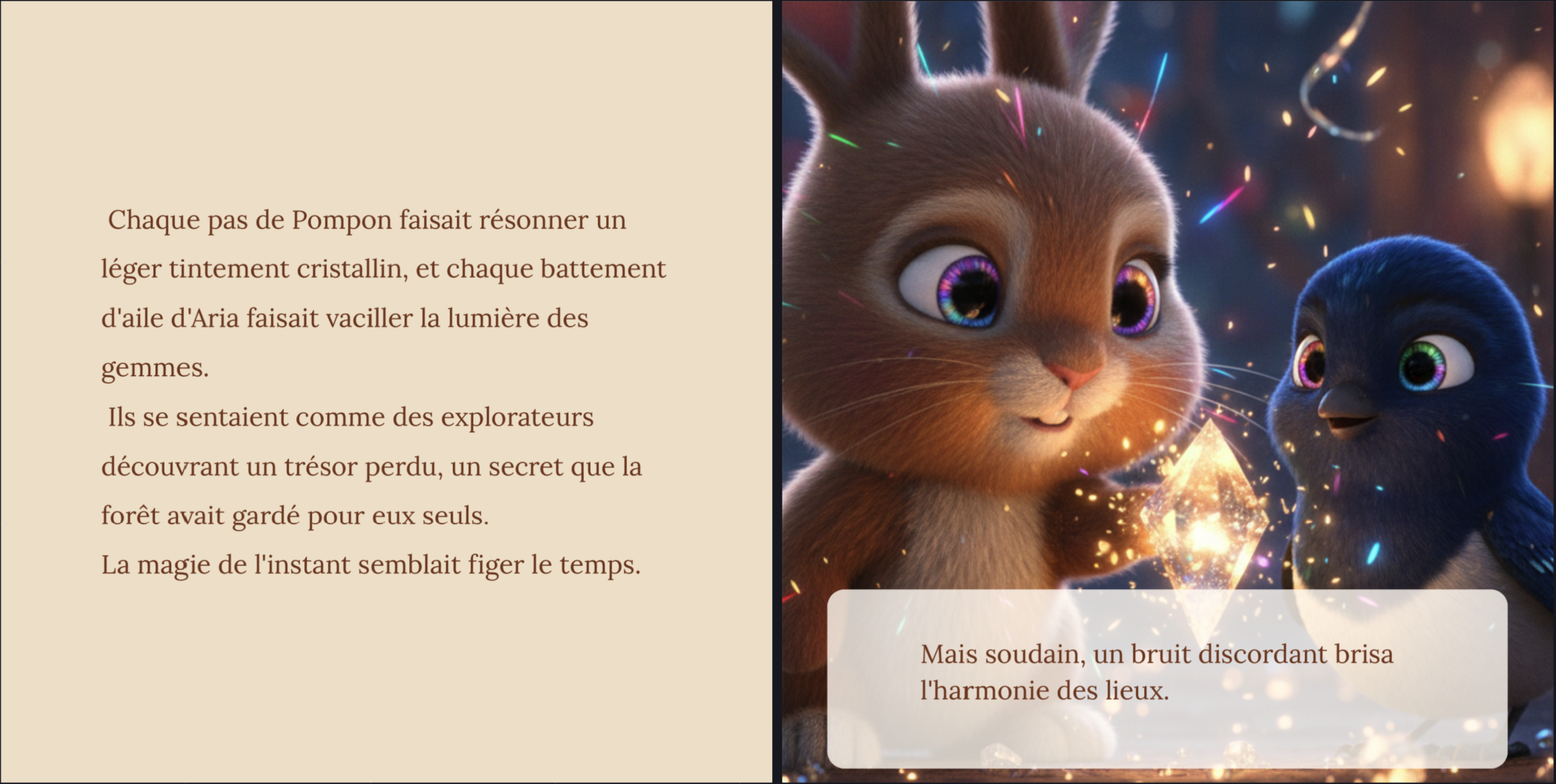 Aperçu illustré de Pompon le lapin et Aria la pie découvrant un cristal magique.