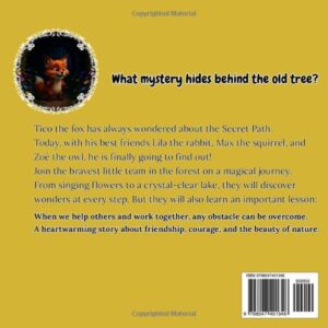 Back cover of the children's book The Secret Path showing a cartoon fox on a yellow background