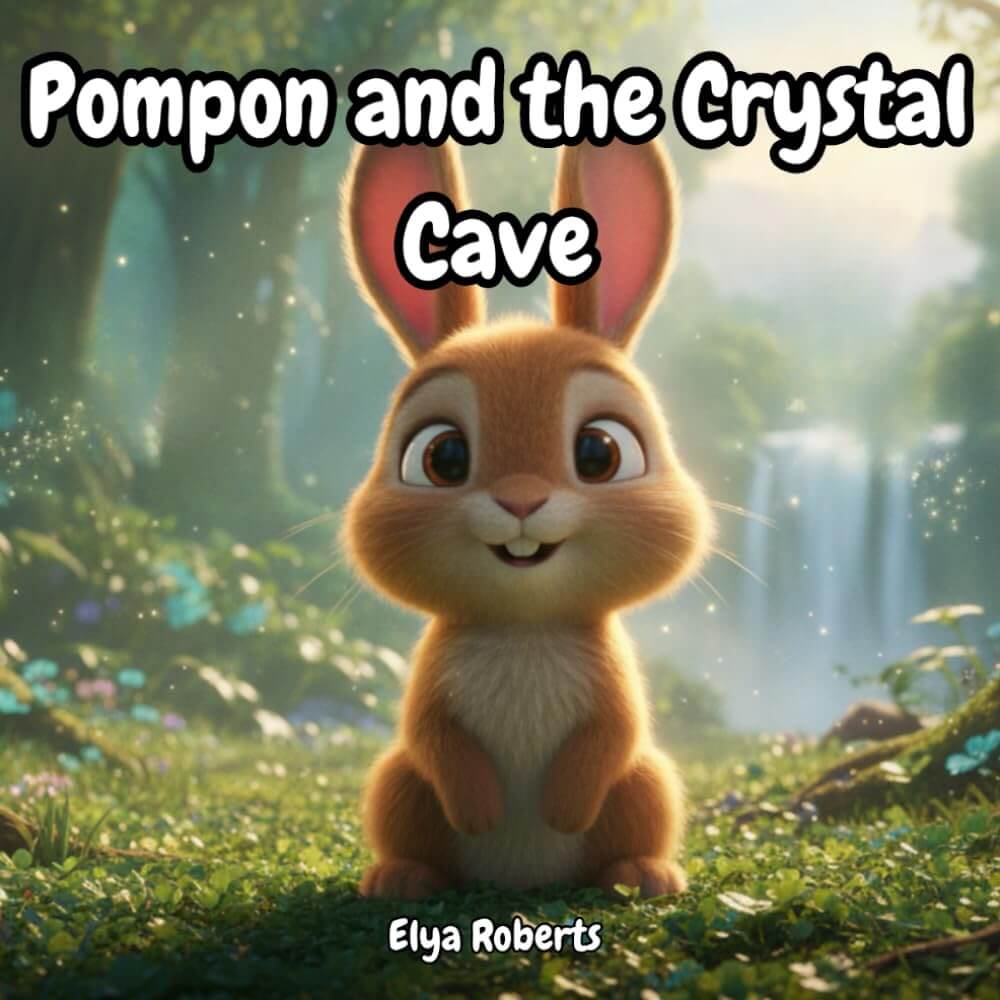 Pompon and the Crystal Cave bedtime children's book cover by Elya Roberts