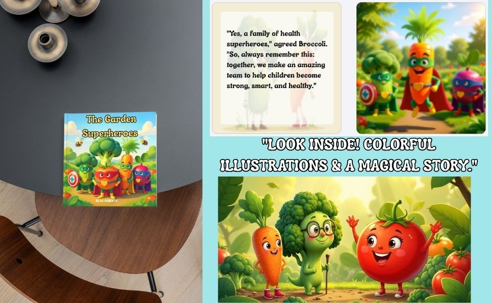 The Garden Superheroes children's book marketing mockup and look inside graphic