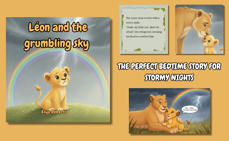 Leon and the Grumbling Sky children's book marketing collage and look inside preview