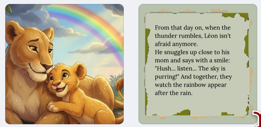 Leon and the Grumbling Sky bedtime children's book interior page with rainbow and lion cub illustration