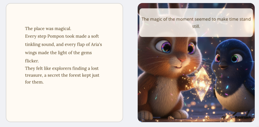Pompon and the Crystal Cave bedtime children's book interior page with rabbit and blue bird looking at a glowing crystal