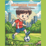 Illustration de couverture du cahier de coloriage Génération Soccer avec un jeune joueur sur le terrain.
