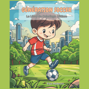 Illustration de couverture du cahier de coloriage Génération Soccer avec un jeune joueur sur le terrain.