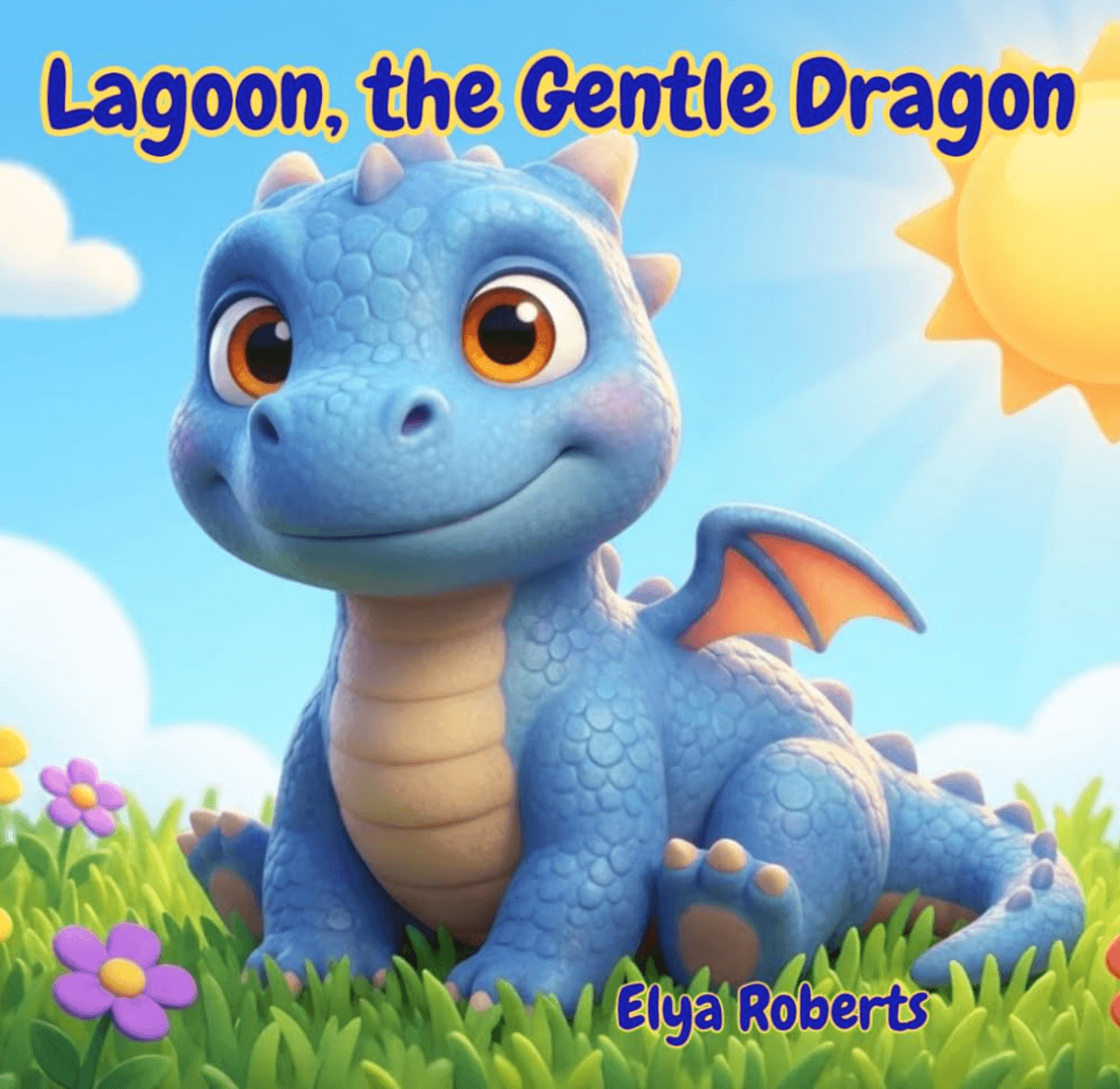 Couverture du livre pour enfants en anglais "Lagoon, the Gentle Dragon" d'Elya Roberts, montrant un mignon petit dragon bleu assis dans l'herbe sous le soleil.