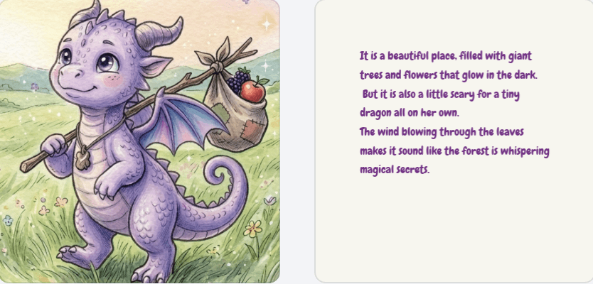 Illustration intérieure du livre avec la dragonne Lila marchant avec un baluchon dans la forêt à gauche, et un texte descriptif en anglais sur fond blanc à droite.