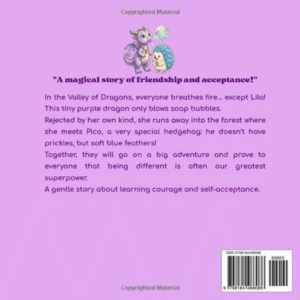 Quatrième de couverture du livre en anglais "Bubbles and Feathers" affichant le résumé officiel de l'histoire, le code-barres ISBN et une petite illustration de Lila et Pico.