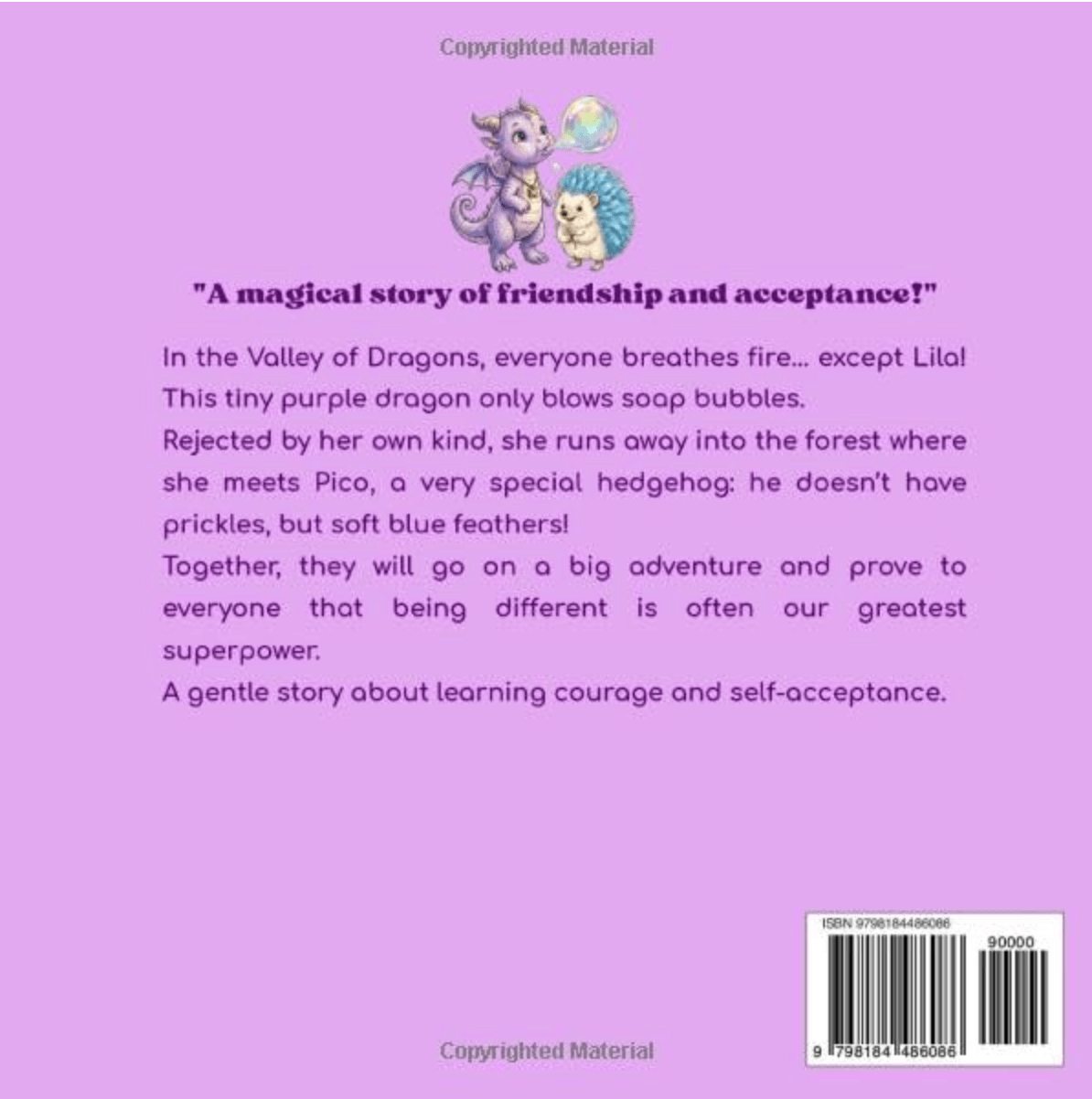 Quatrième de couverture du livre en anglais "Bubbles and Feathers" affichant le résumé officiel de l'histoire, le code-barres ISBN et une petite illustration de Lila et Pico.