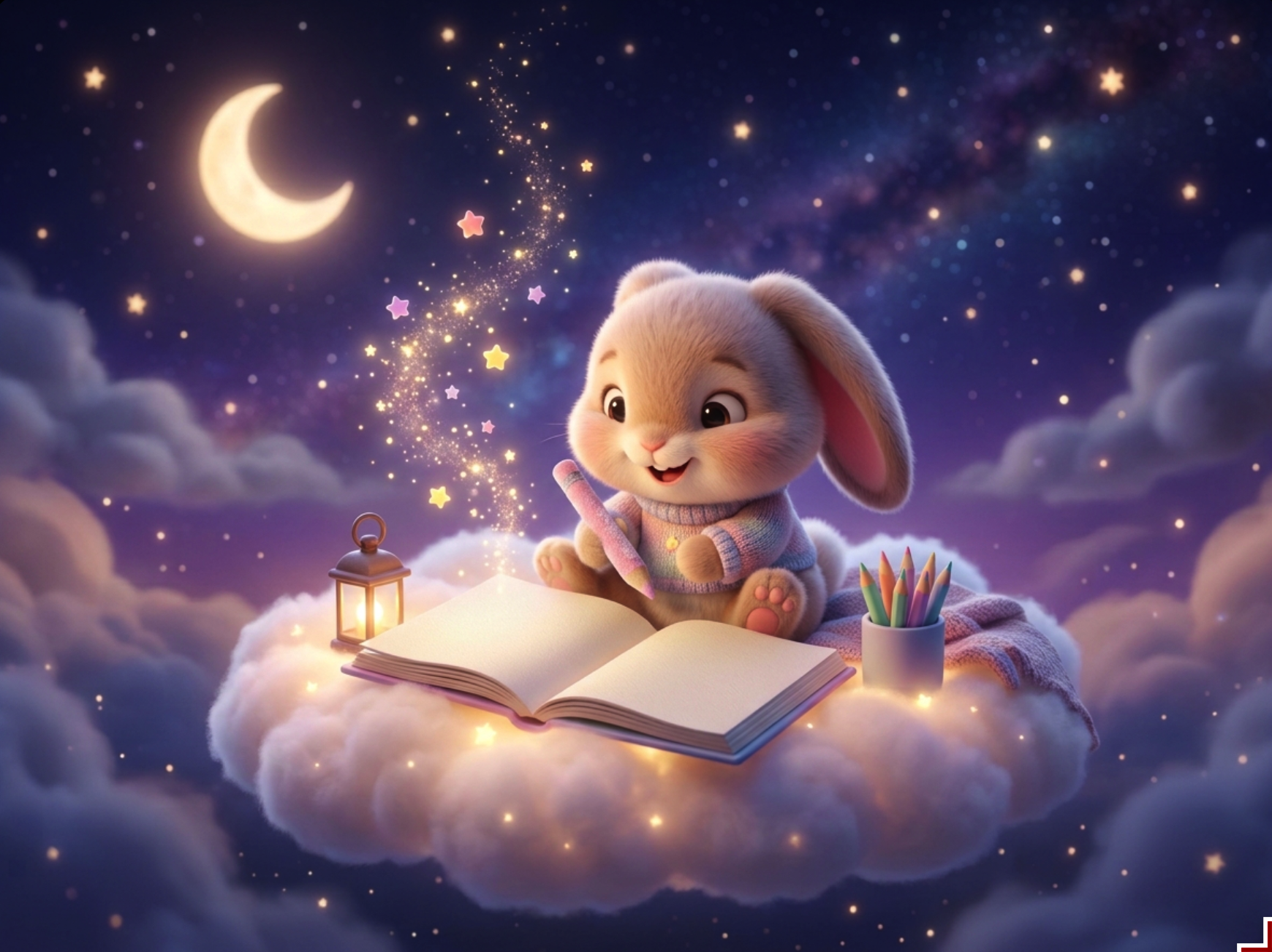 Illustration de lapin mignon qui colorie sur un nuage lumineux pour le rituel du coucher des enfants.