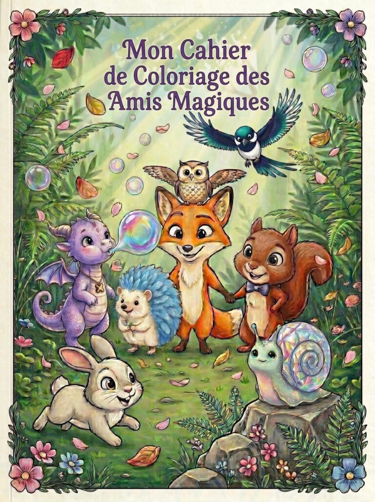 Couverture du livre Mon Cahier de Coloriage des Amis Magiques montrant une scène de forêt féerique colorée avec tous les personnages de la collection réunis.
