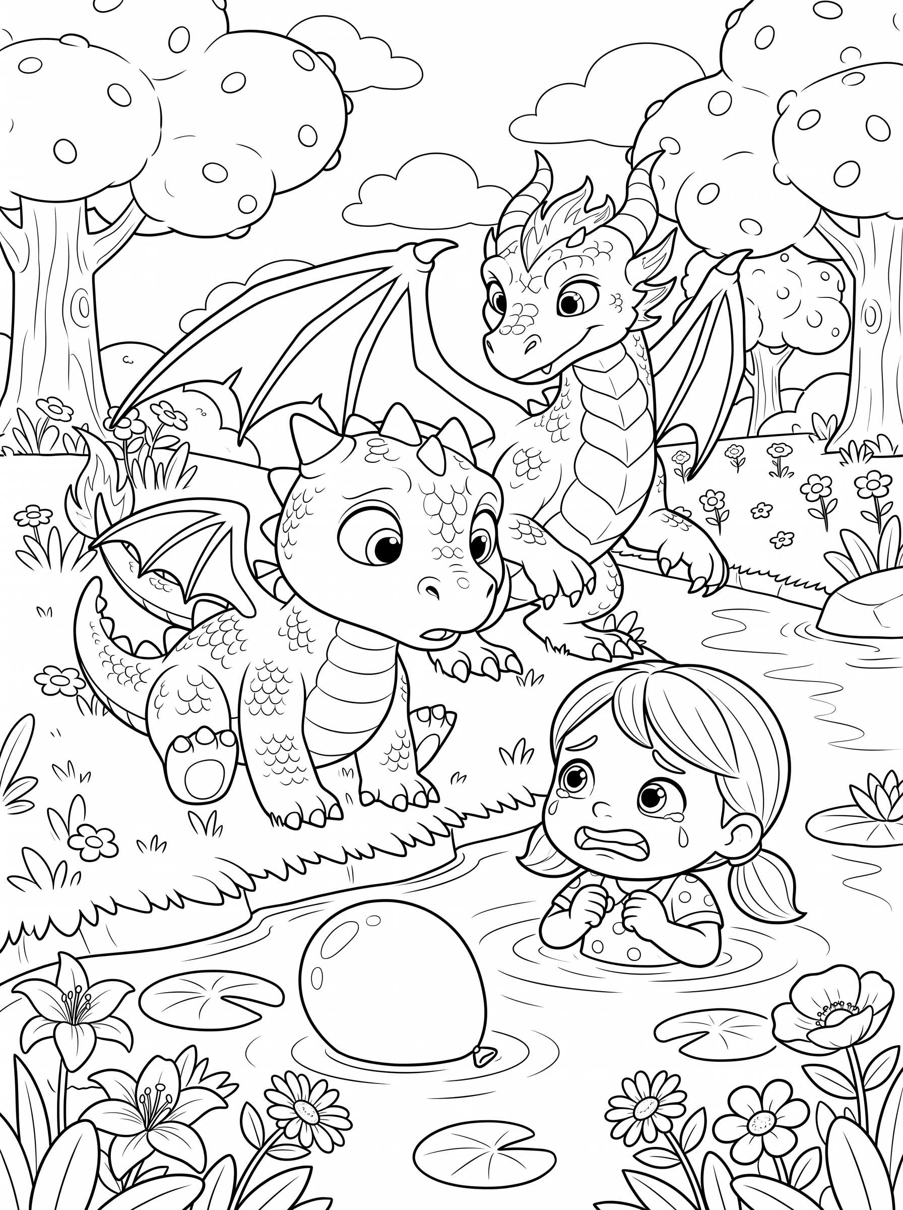 Page de coloriage en noir et blanc montrant une petite fille qui pleure dans l'eau de la rivière essayant d'attraper son ballon sous le regard de deux dragons.