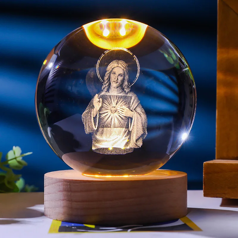 Veilleuse Boule de Cristal 3D – Sphère Céleste Gravée Laser sur Socle Bois LED – Image 10
