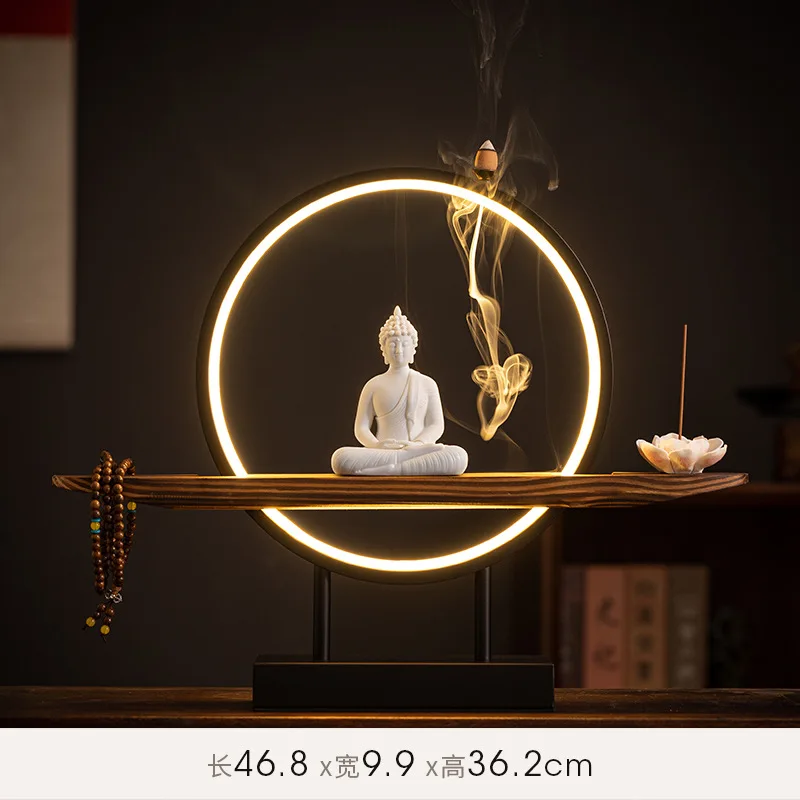 Autel Lumineux Bouddha Sakyamuni 3D – Sculpture Zen & Anneau LED avec Encensoir (45 cm) – Image 6