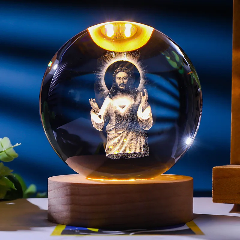 Veilleuse Boule de Cristal 3D – Sphère Céleste Gravée Laser sur Socle Bois LED – Image 6