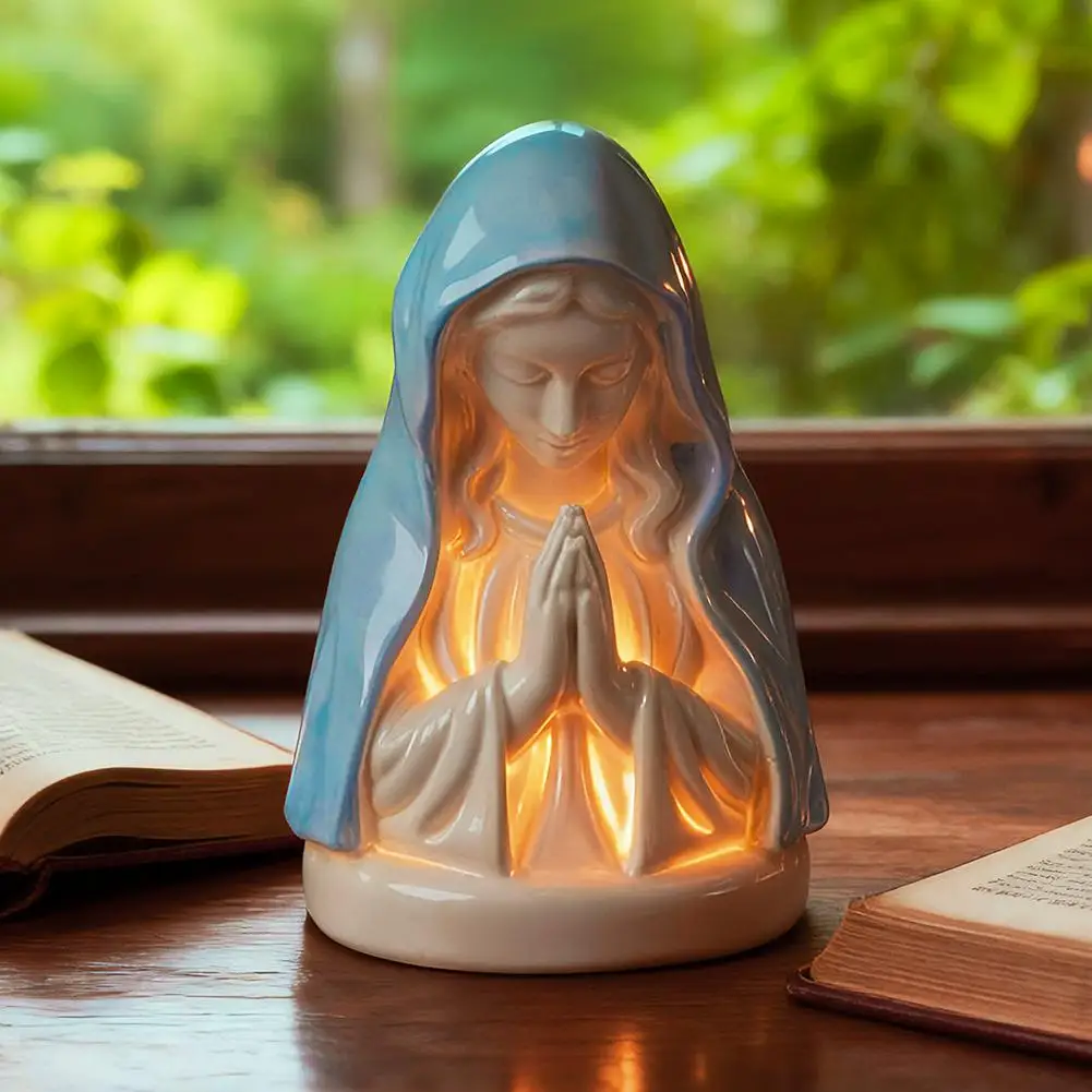 Virgin Mary Prayer Statue with Light, Christian Prayer Lamp for Home Christian Decor, Hand Painted Blessed Virgin Mary Statue – Image 2