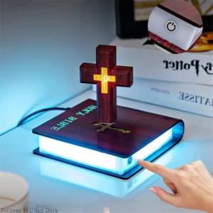 La Croix de Lumière – Lampe Spirituelle en Lévitation Magnétique sur Bible
