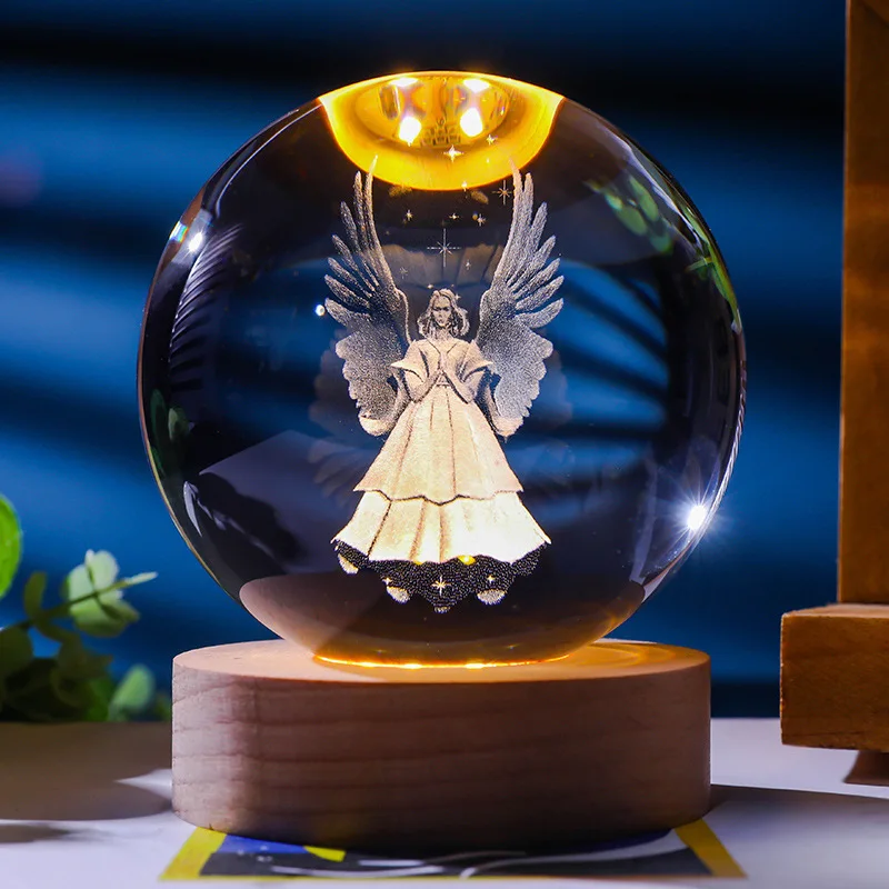 Veilleuse Boule de Cristal 3D – Sphère Céleste Gravée Laser sur Socle Bois LED – Image 3