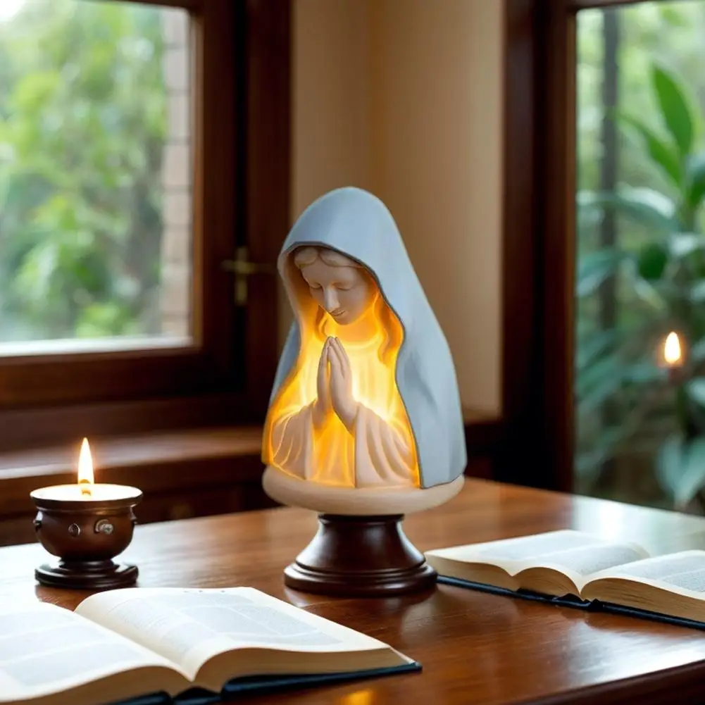 Virgin Mary Prayer Statue with Light, Christian Prayer Lamp for Home Christian Decor, Hand Painted Blessed Virgin Mary Statue – Image 3